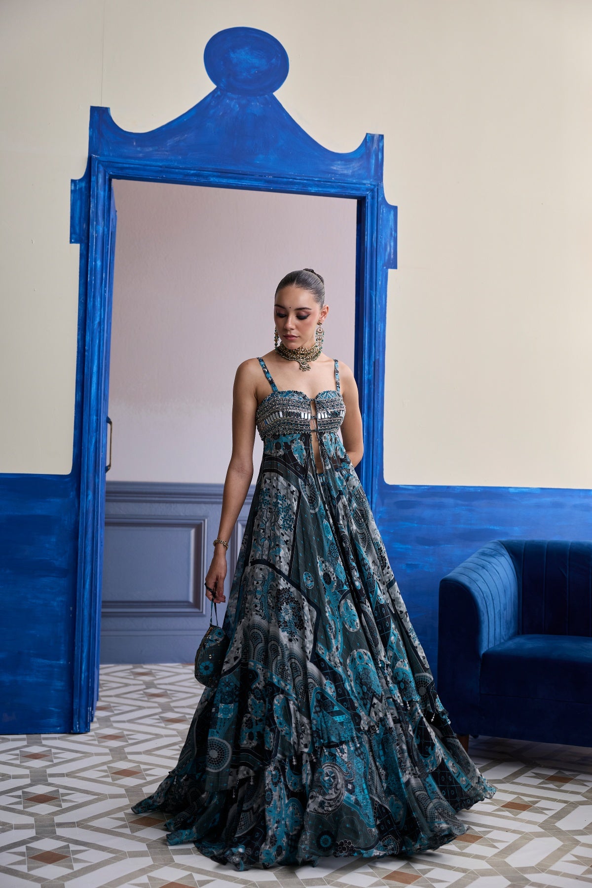 TEAL & BLACK MOSAIC TUNIC BLOUSE WITH PRINTED LEHENGA SET