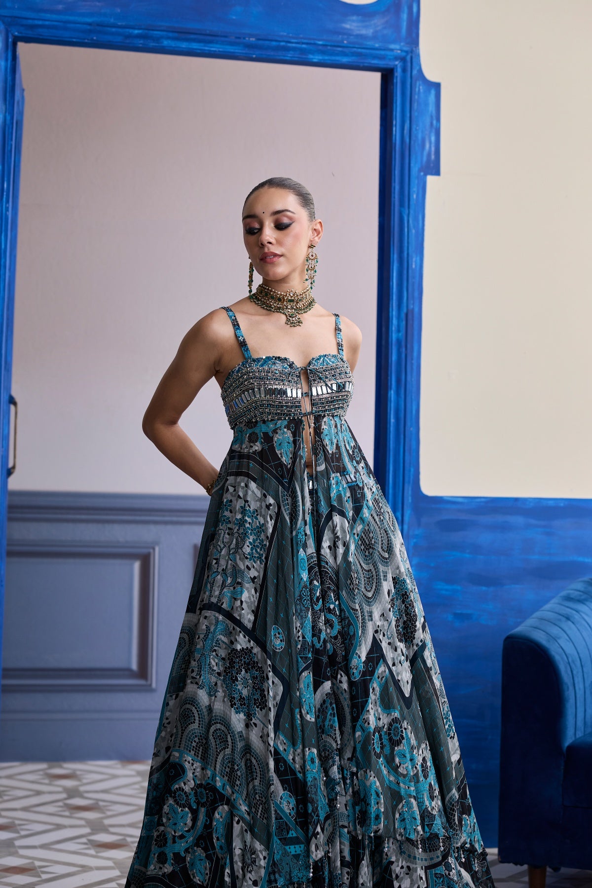 TEAL & BLACK MOSAIC TUNIC BLOUSE WITH PRINTED LEHENGA SET