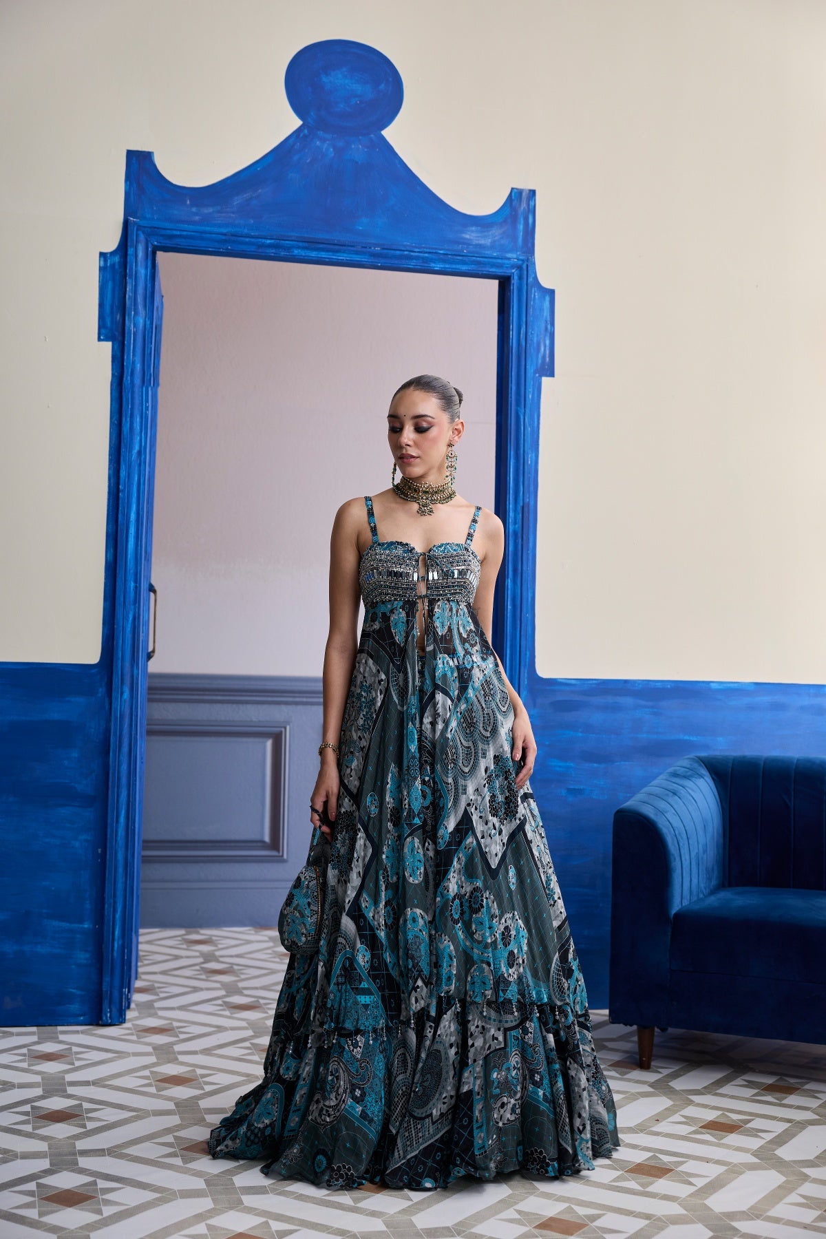 TEAL & BLACK MOSAIC TUNIC BLOUSE WITH PRINTED LEHENGA SET