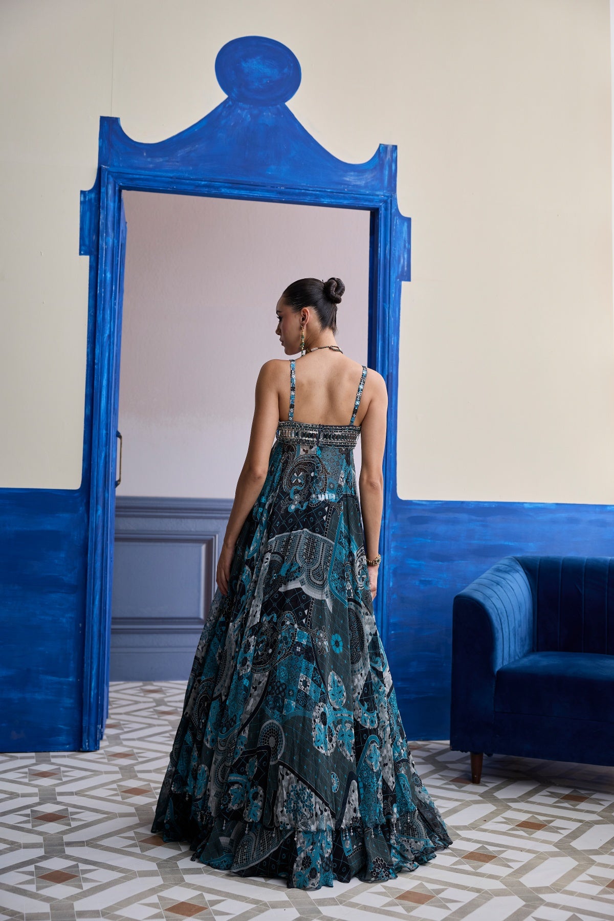 TEAL & BLACK MOSAIC TUNIC BLOUSE WITH PRINTED LEHENGA SET