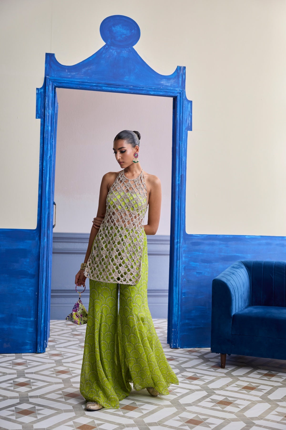 NEON GREEN PRINTED BUSTIER WITH BELL-BOTTOMS & EMBROIDERED CUTWORK KURTI SET