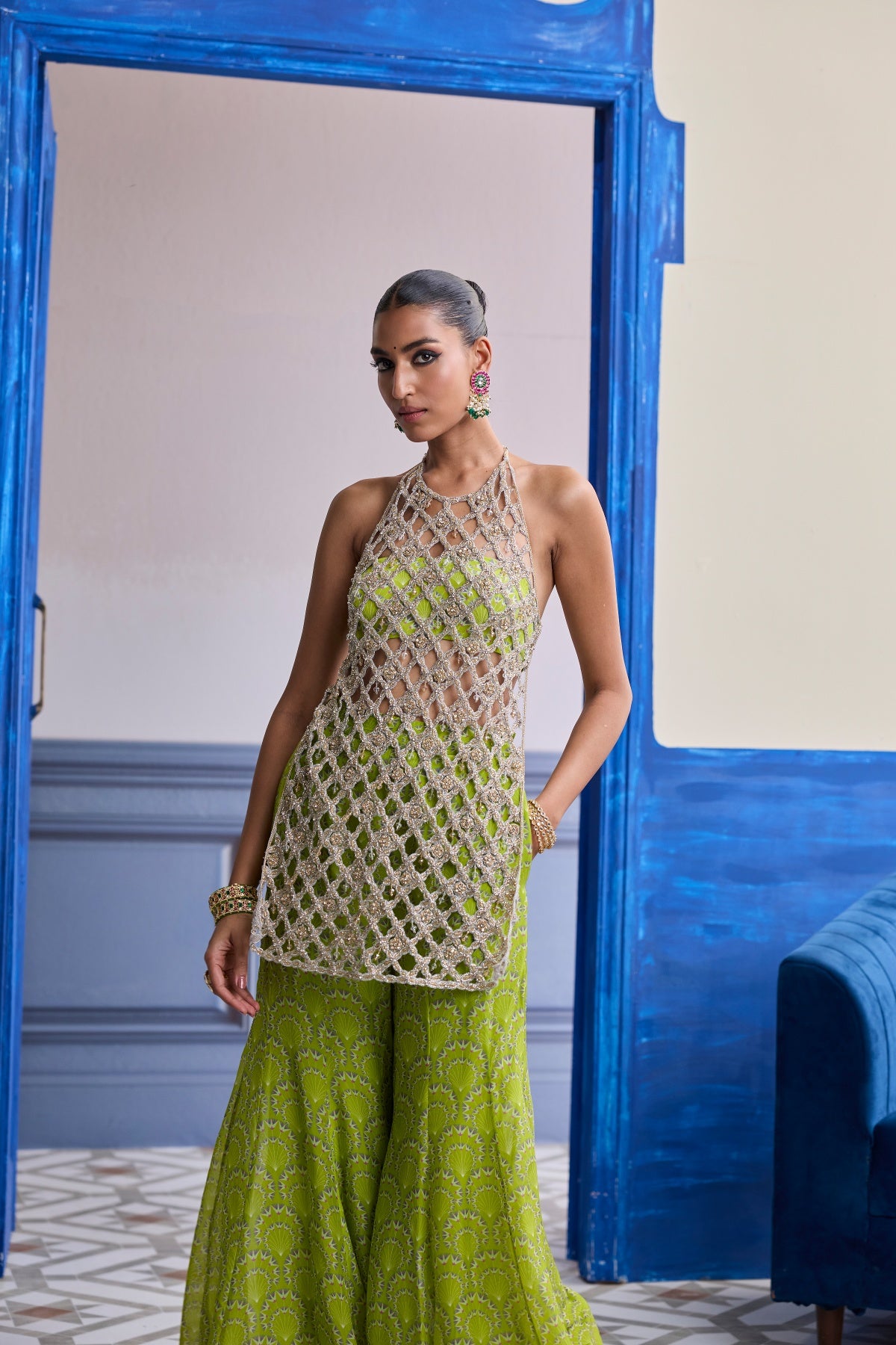 NEON GREEN PRINTED BUSTIER WITH BELL-BOTTOMS & EMBROIDERED CUTWORK KURTI SET