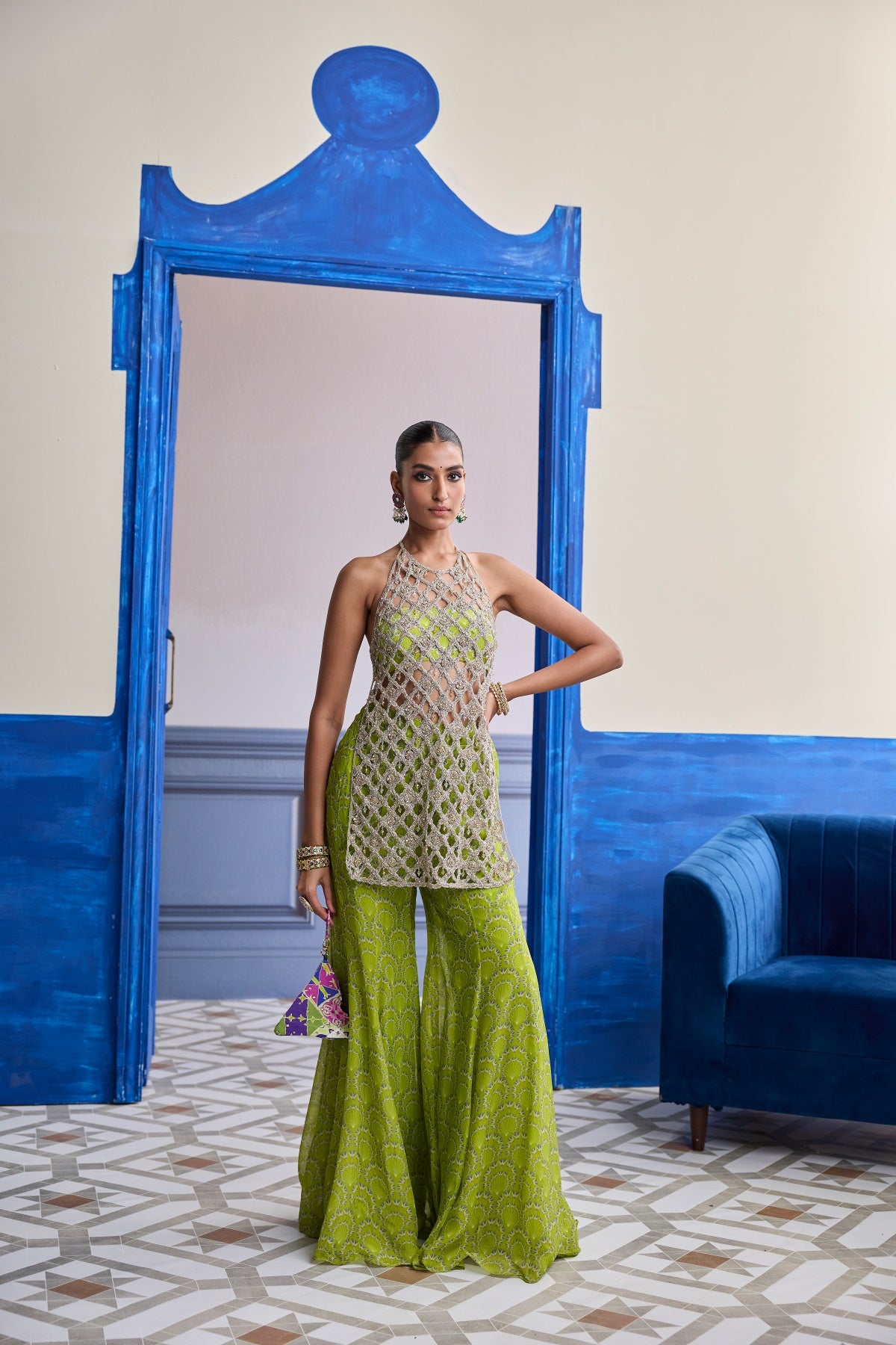 NEON GREEN PRINTED BUSTIER WITH BELL-BOTTOMS & EMBROIDERED CUTWORK KURTI SET