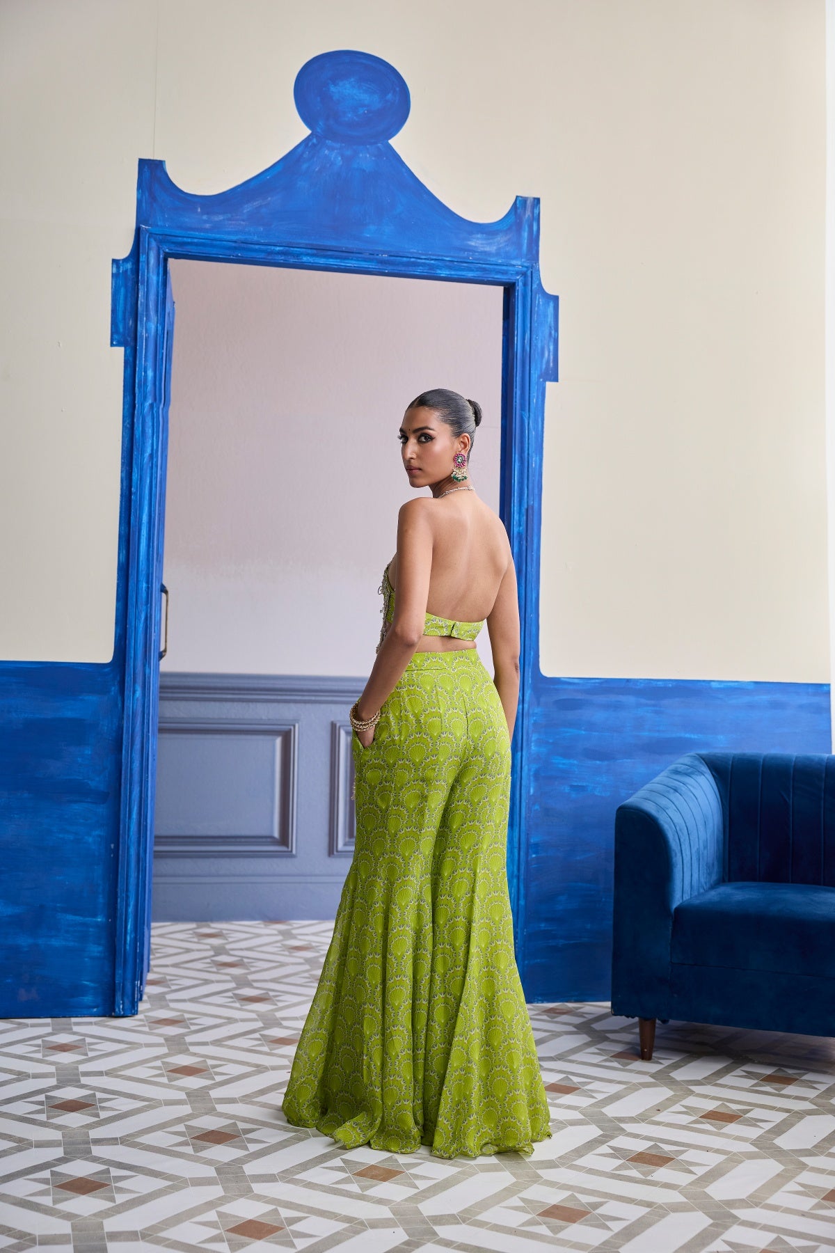 NEON GREEN PRINTED BUSTIER WITH BELL-BOTTOMS & EMBROIDERED CUTWORK KURTI SET