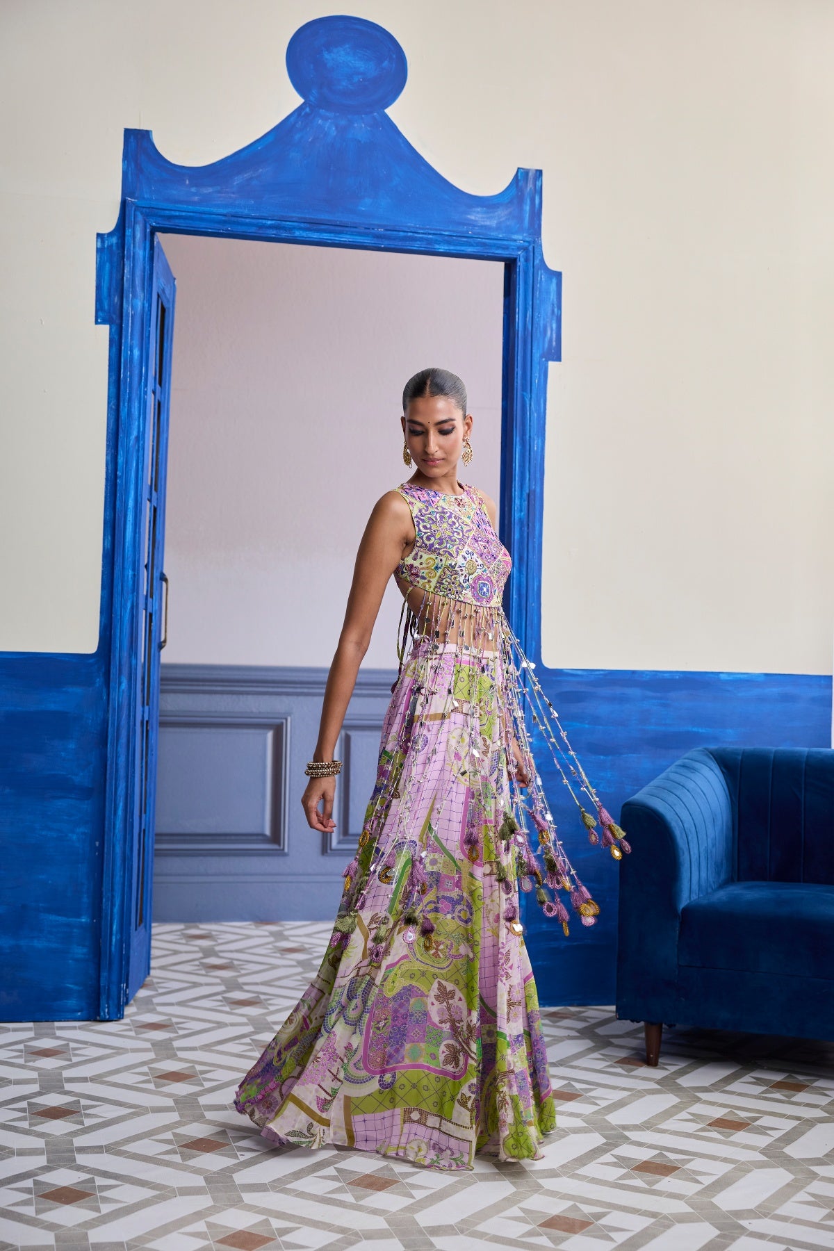 BUBBLEGUM MOSAIC YOKE BLOUSE WITH LONG TASSELS & PRINTED SHARARA SET