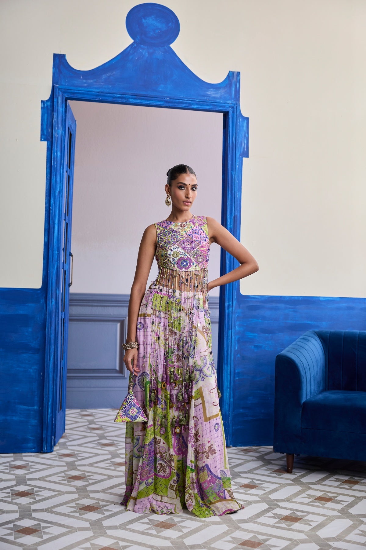 BUBBLEGUM MOSAIC YOKE BLOUSE WITH LONG TASSELS & PRINTED SHARARA SET