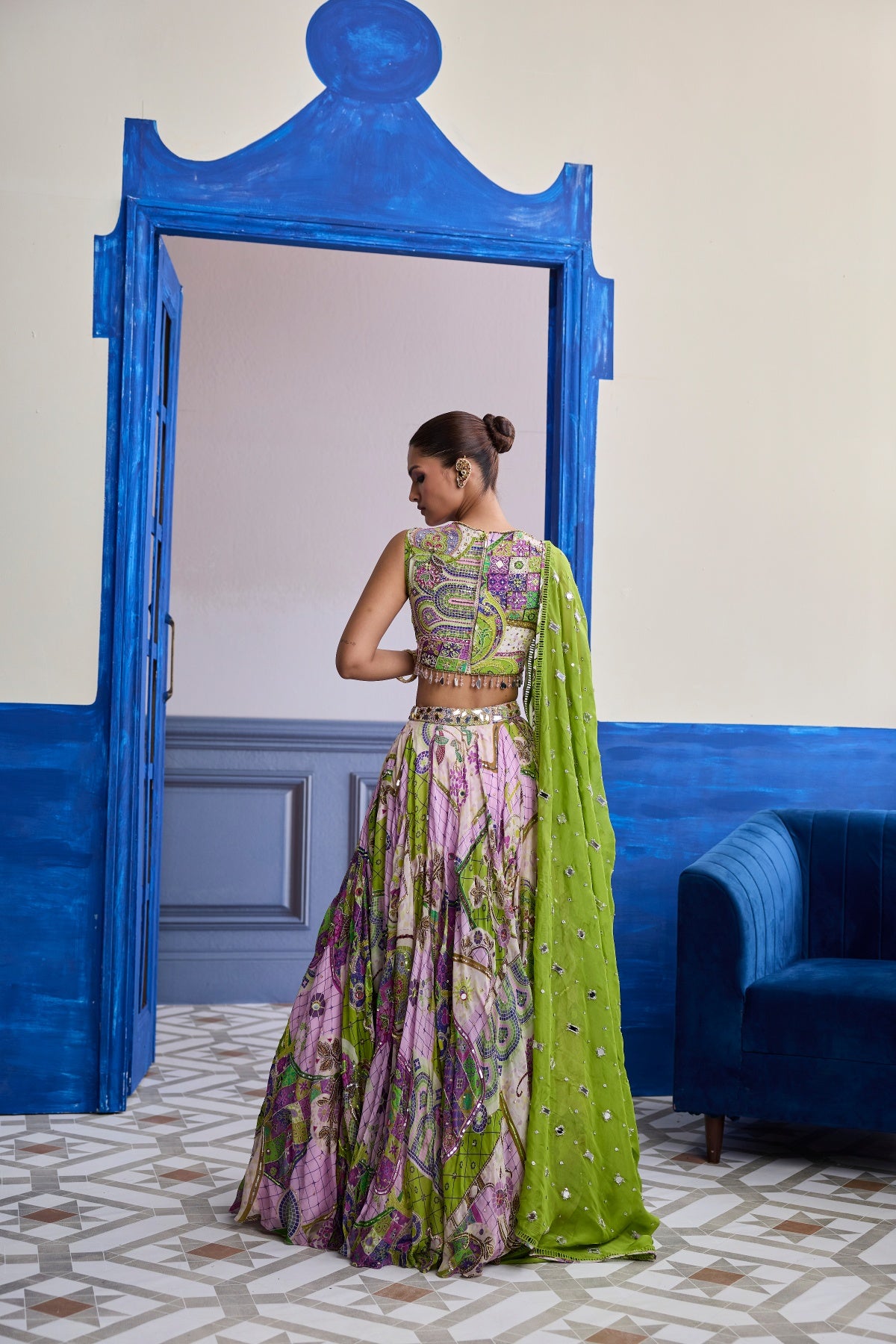 BUBBLEGUM MOSAIC YOKE BLOUSE WITH LEHENGA & EMBROIDERED DUPATTA SET