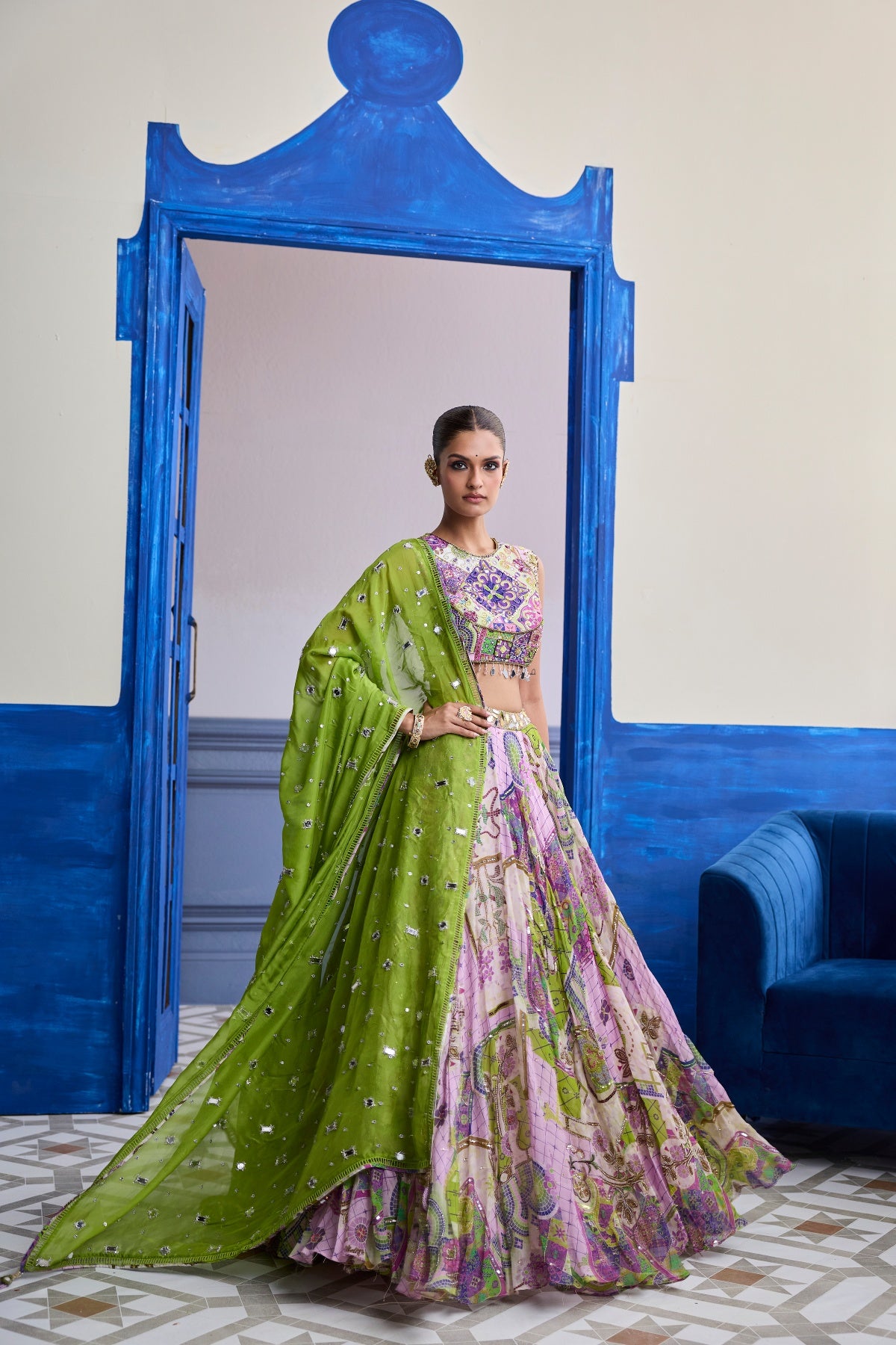 BUBBLEGUM MOSAIC YOKE BLOUSE WITH LEHENGA & EMBROIDERED DUPATTA SET