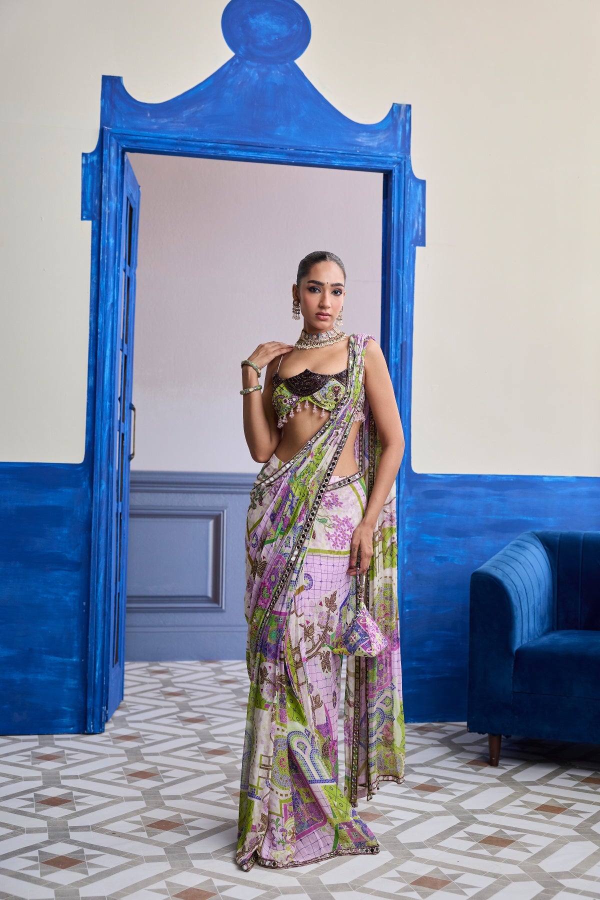 BUBBLEGUM MOSAIC SCALLOP BLOUSE WITH EMBROIDERY & DRAPED SAREE SKIRT SET