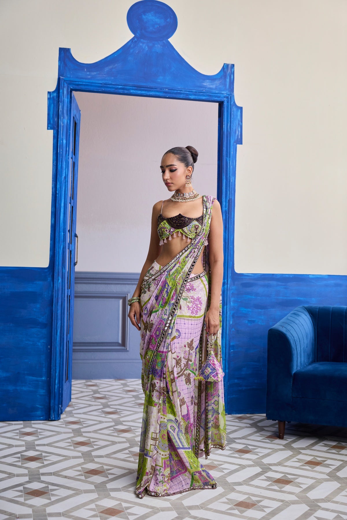 BUBBLEGUM MOSAIC SCALLOP BLOUSE WITH EMBROIDERY & DRAPED SAREE SKIRT SET