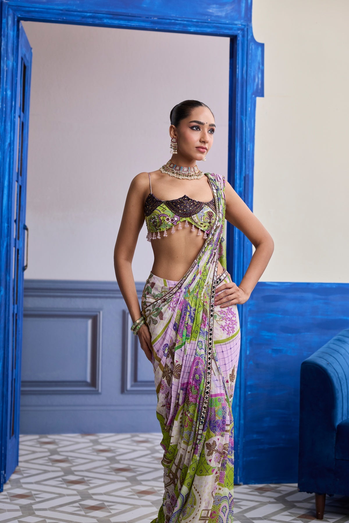 BUBBLEGUM MOSAIC SCALLOP BLOUSE WITH EMBROIDERY & DRAPED SAREE SKIRT SET