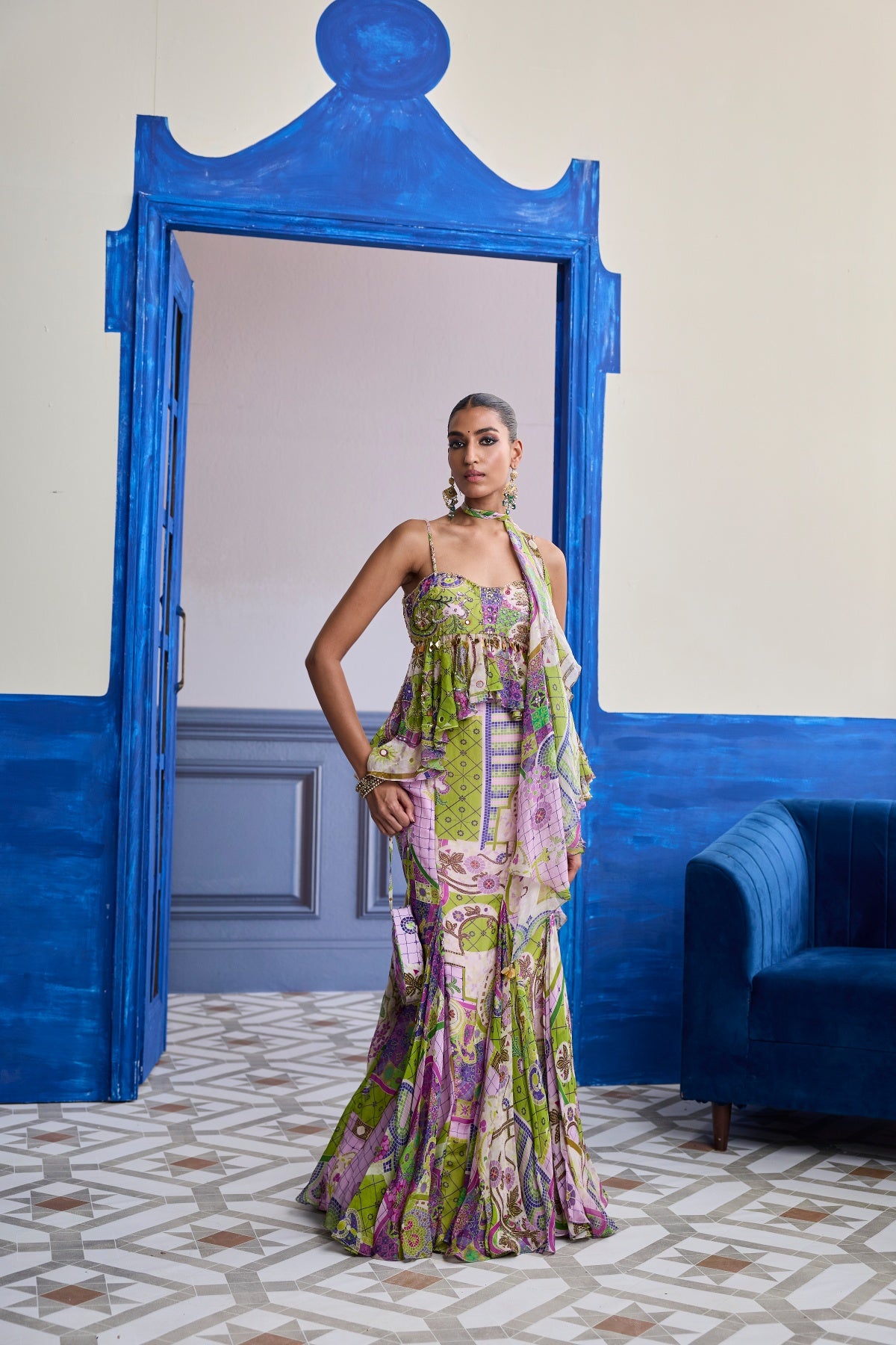 BUBBLEGUM MOSAIC PEPLUM WITH GODET MERMAID SKIRT & RUFFLE SCARF SET
