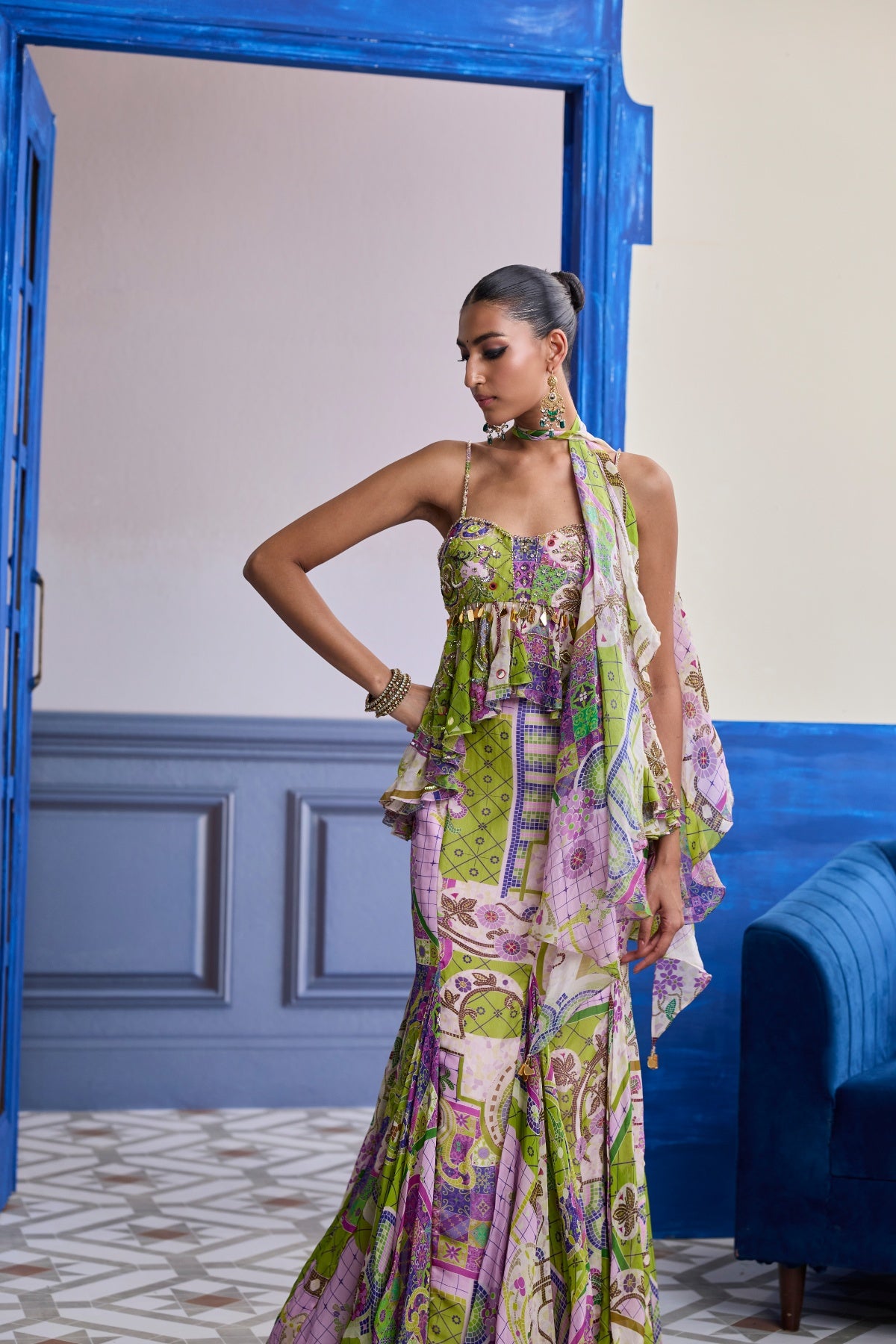BUBBLEGUM MOSAIC PEPLUM WITH GODET MERMAID SKIRT & RUFFLE SCARF SET