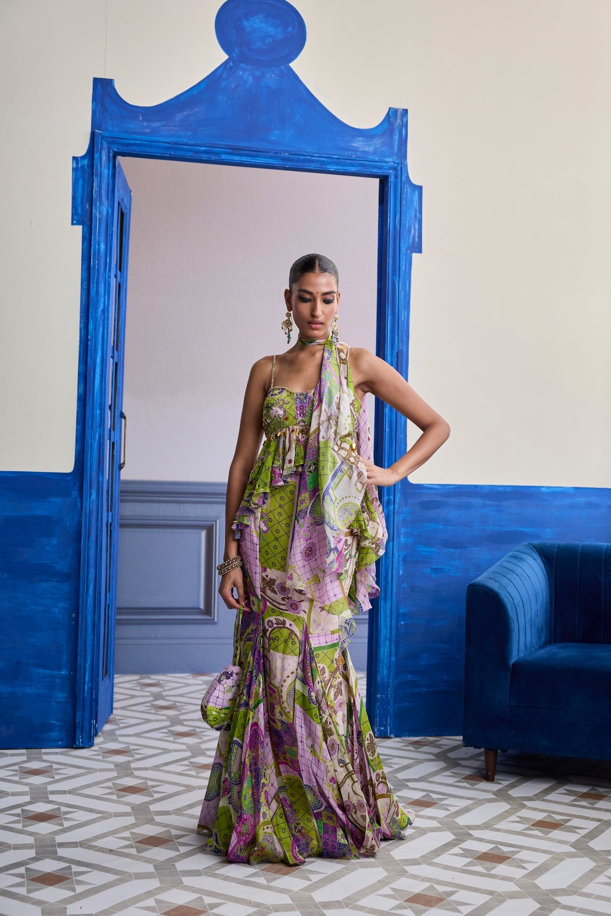 BUBBLEGUM MOSAIC PEPLUM WITH GODET MERMAID SKIRT & RUFFLE SCARF SET