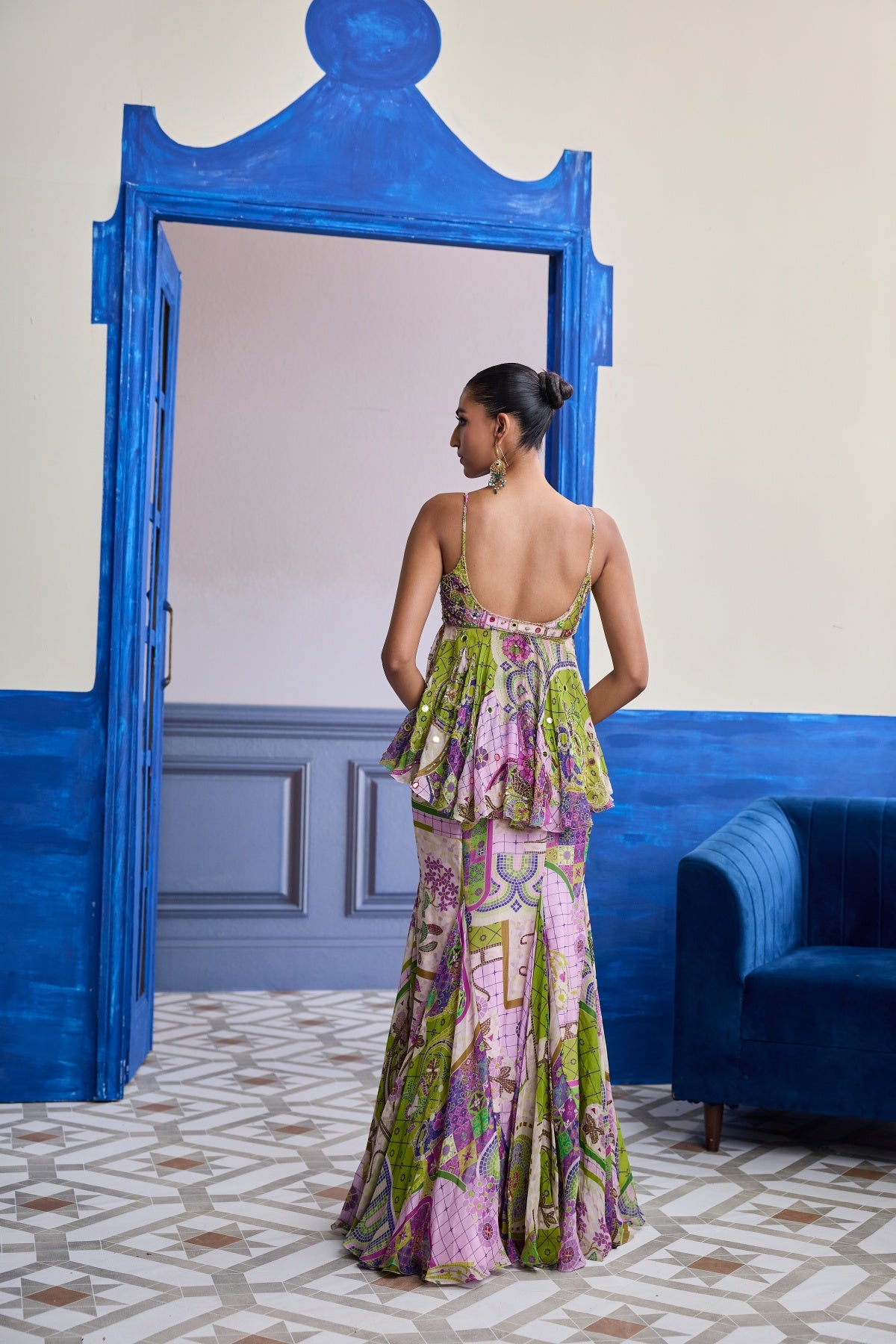 BUBBLEGUM MOSAIC PEPLUM WITH GODET MERMAID SKIRT & RUFFLE SCARF SET