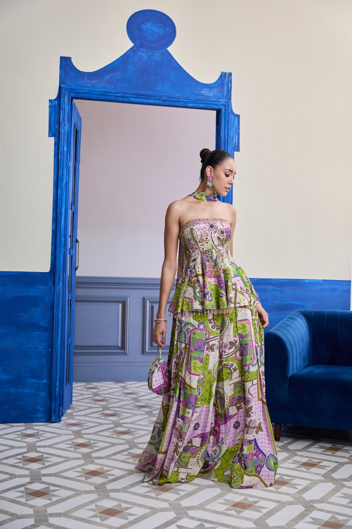 BUBBLEGUM MOSAIC PEPLUM KURTI WITH BOX-PLEAT PANTS & DRAPED DUPATTA SET