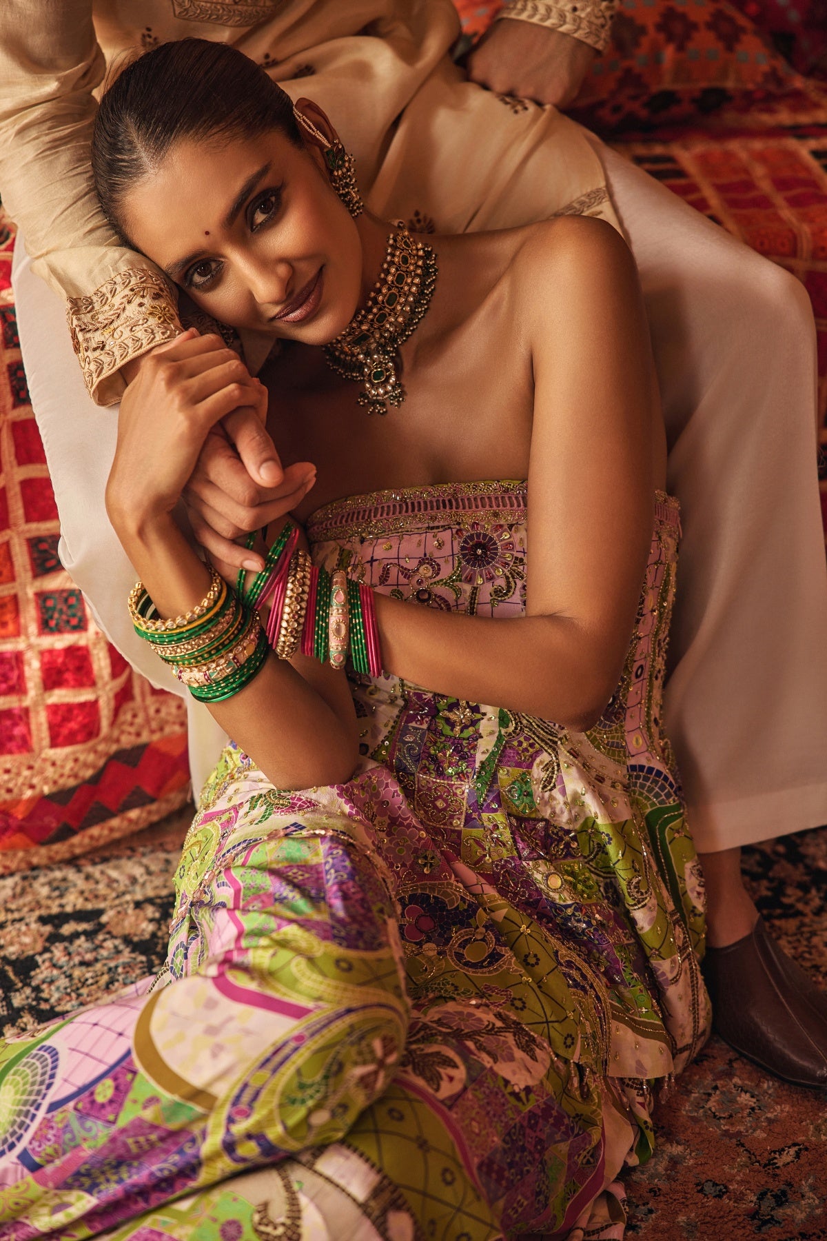 BUBBLEGUM MOSAIC PEPLUM KURTI WITH BOX-PLEAT PANTS & DRAPED DUPATTA SET