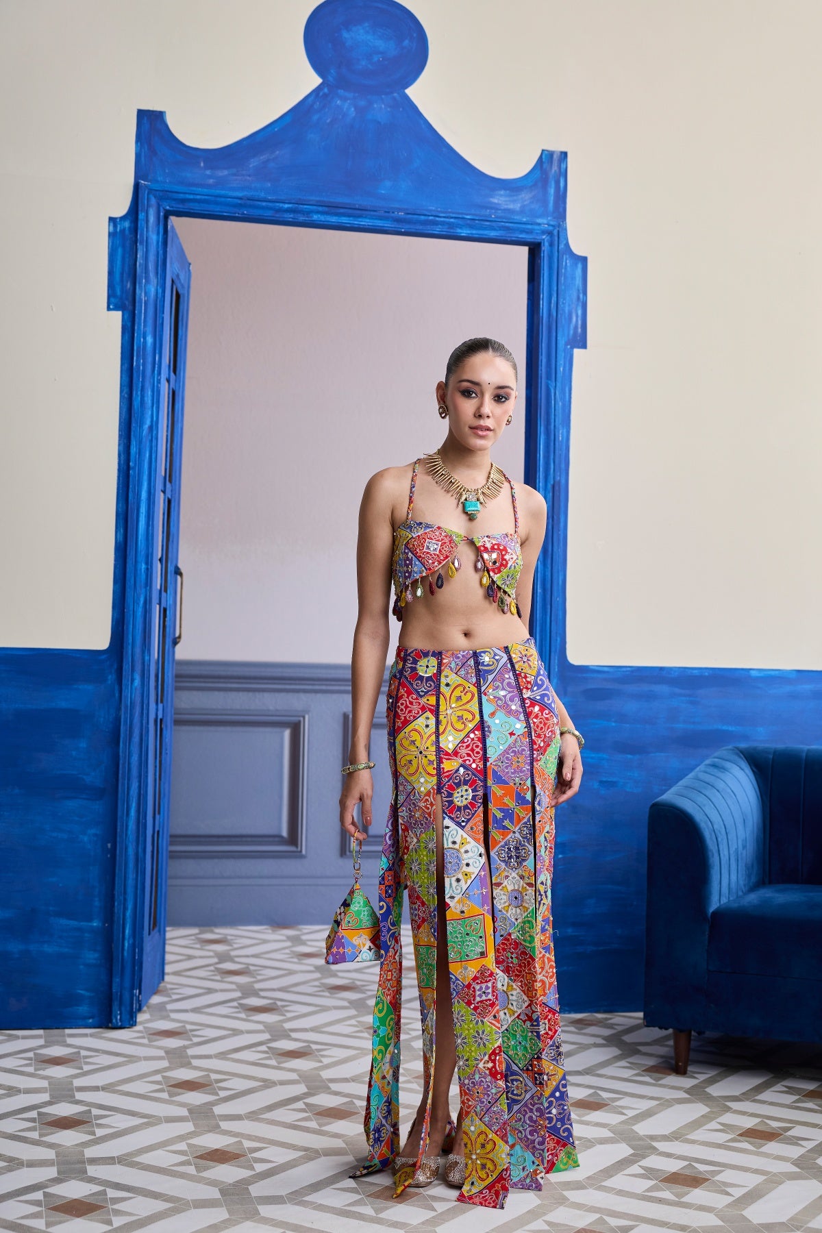 MULTICOLOUR MOSAIC CROP BLOUSE WITH MIRROR TASSELS & PANELLED SKIRT SET