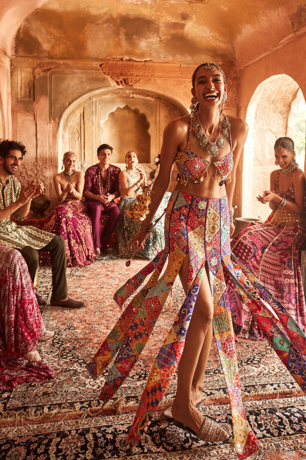 MULTICOLOUR MOSAIC CROP BLOUSE WITH MIRROR TASSELS & PANELLED SKIRT SET