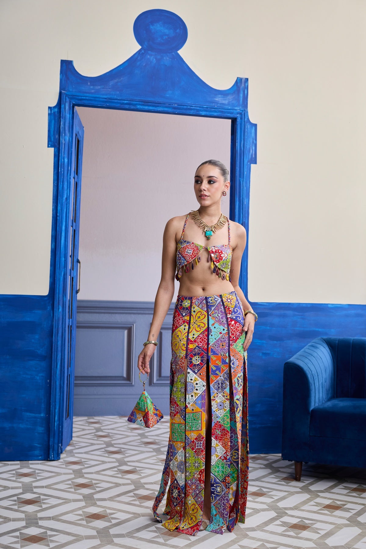 MULTICOLOUR MOSAIC CROP BLOUSE WITH MIRROR TASSELS & PANELLED SKIRT SET