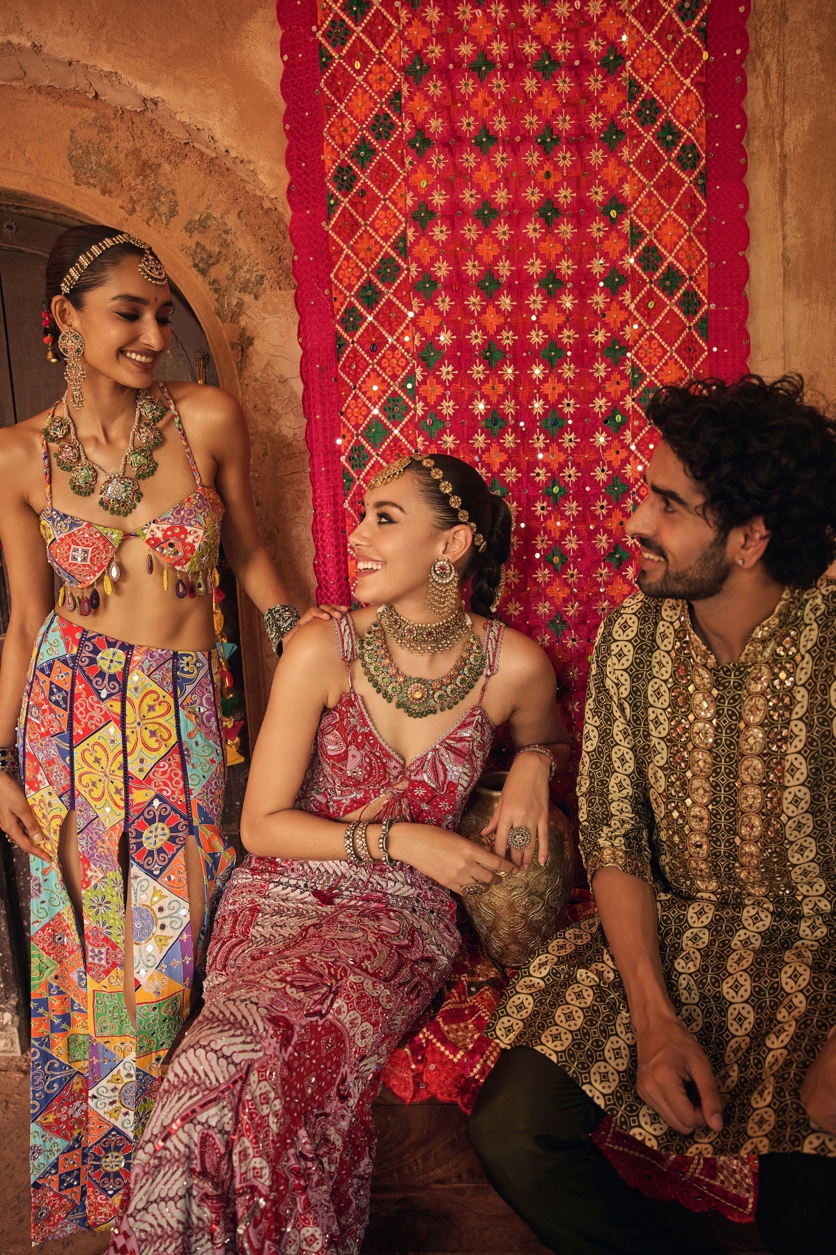 MULTICOLOUR MOSAIC CROP BLOUSE WITH MIRROR TASSELS & PANELLED SKIRT SET