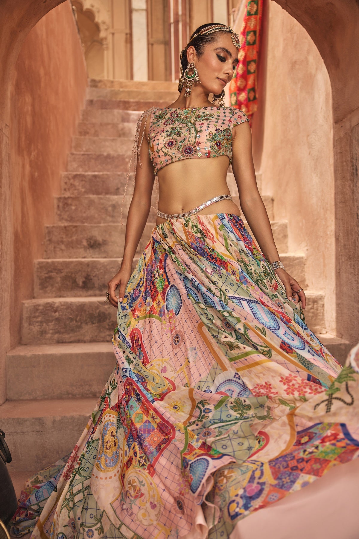 BLUSH PINK MOSAIC ASYMMETRIC BLOUSE WITH TASSELS & PRINTED SKIRT SET