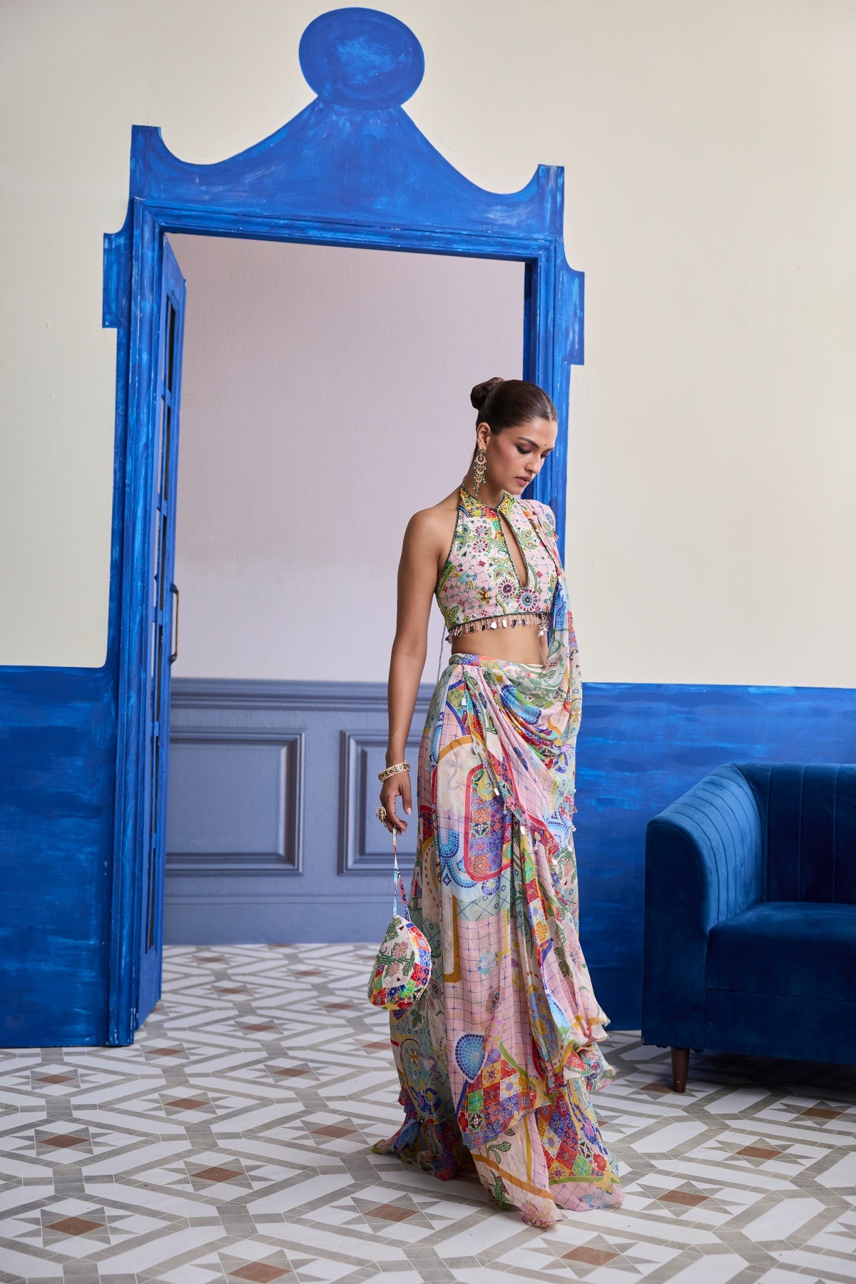 BLUSH PINK MOSAIC HALTER BLOUSE WITH DRAPED COWL SKIRT SAREE SET
