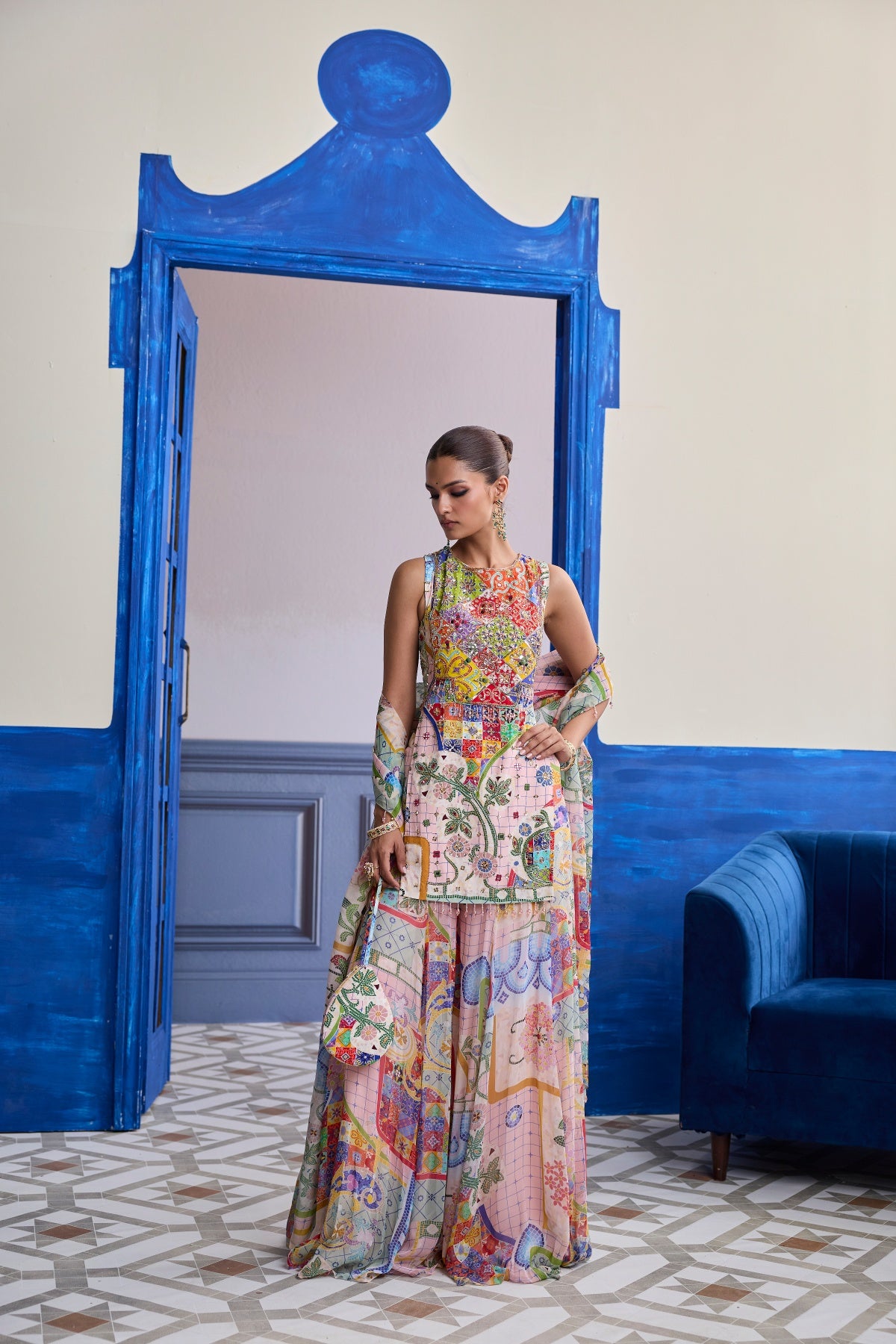 BLUSH PINK MOSAIC KURTI WITH FLARED SHARARA & DUPATTA SET