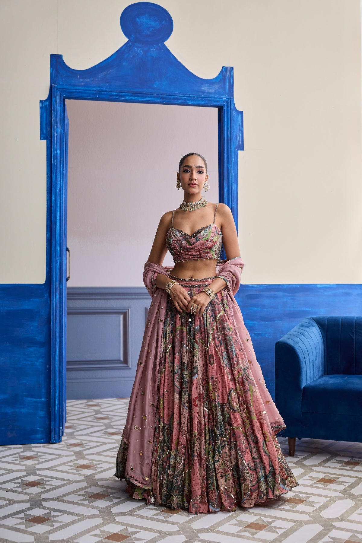 DUSK PINK HIGHLIGHTED BLOUSE WITH LEHENGA & EMBROIDERED DUPATTA SET