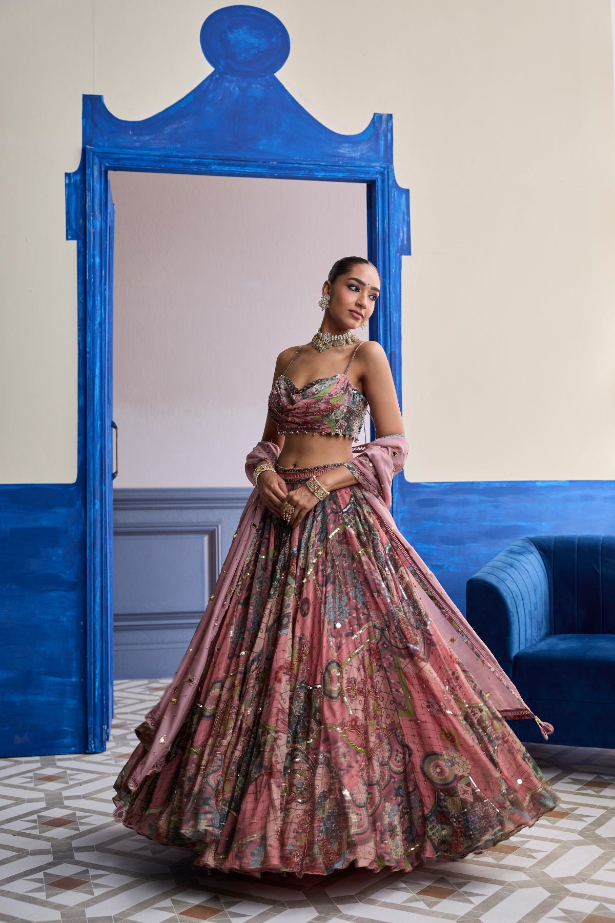 DUSK PINK HIGHLIGHTED BLOUSE WITH LEHENGA & EMBROIDERED DUPATTA SET