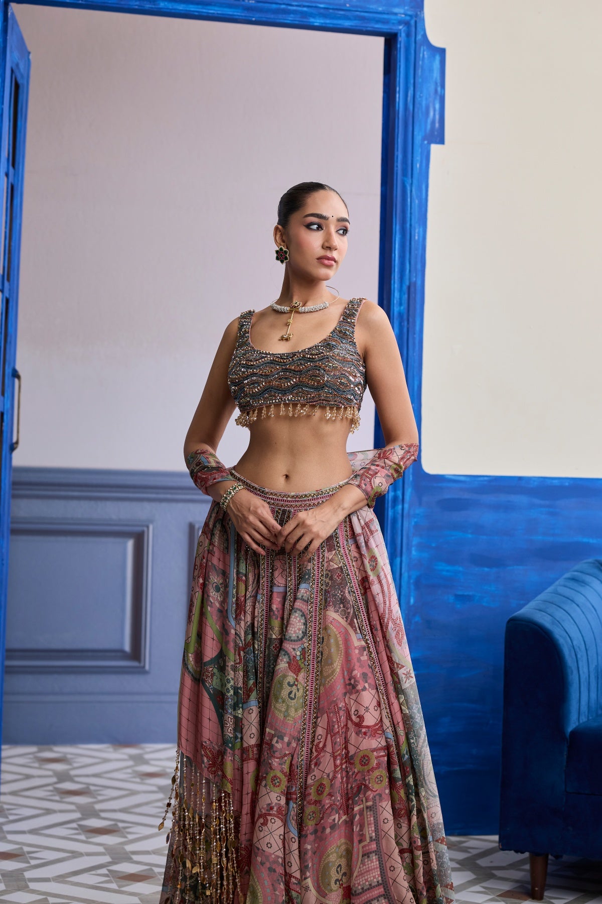 DUSK PINK EMBROIDERED BLOUSE WITH LACE LEHENGA & TASSEL DUPATTA SET