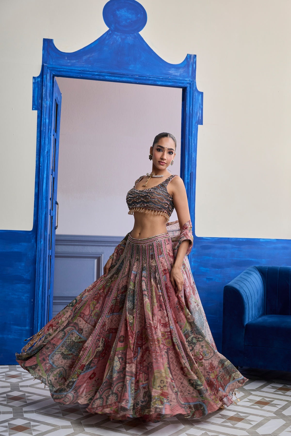 DUSK PINK EMBROIDERED BLOUSE WITH LACE LEHENGA & TASSEL DUPATTA SET