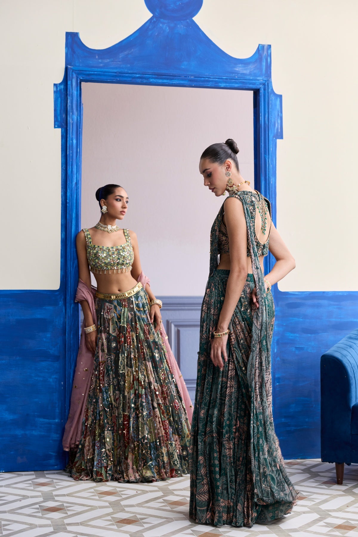 GREEN MIRROR EMBROIDERED BLOUSE WITH FOREST GREEN LEHENGA & EMBROIDERED DUPATTA SET