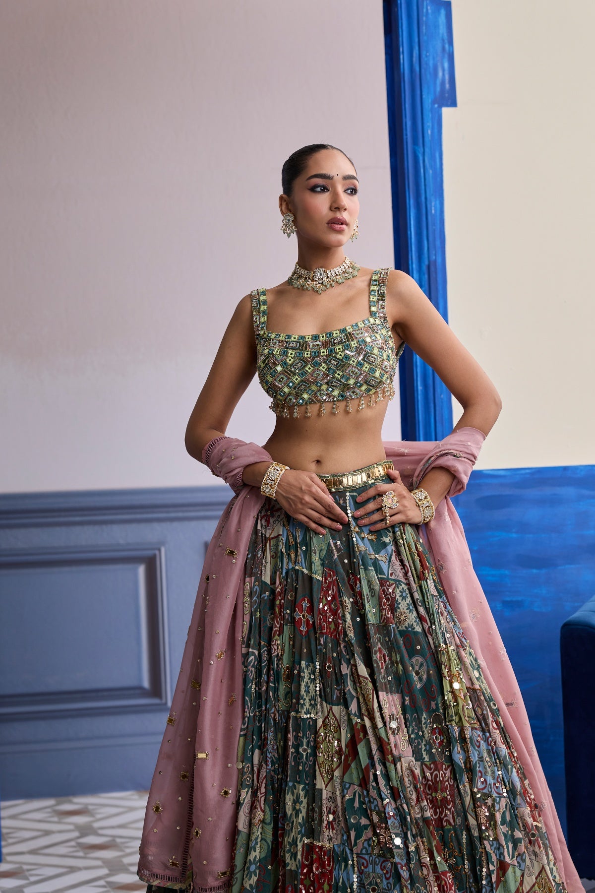 GREEN MIRROR EMBROIDERED BLOUSE WITH FOREST GREEN LEHENGA & EMBROIDERED DUPATTA SET