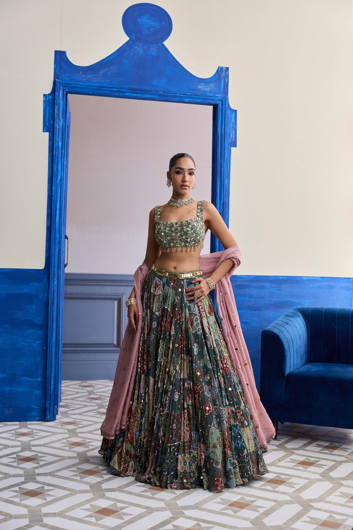 GREEN MIRROR EMBROIDERED BLOUSE WITH FOREST GREEN LEHENGA & EMBROIDERED DUPATTA SET