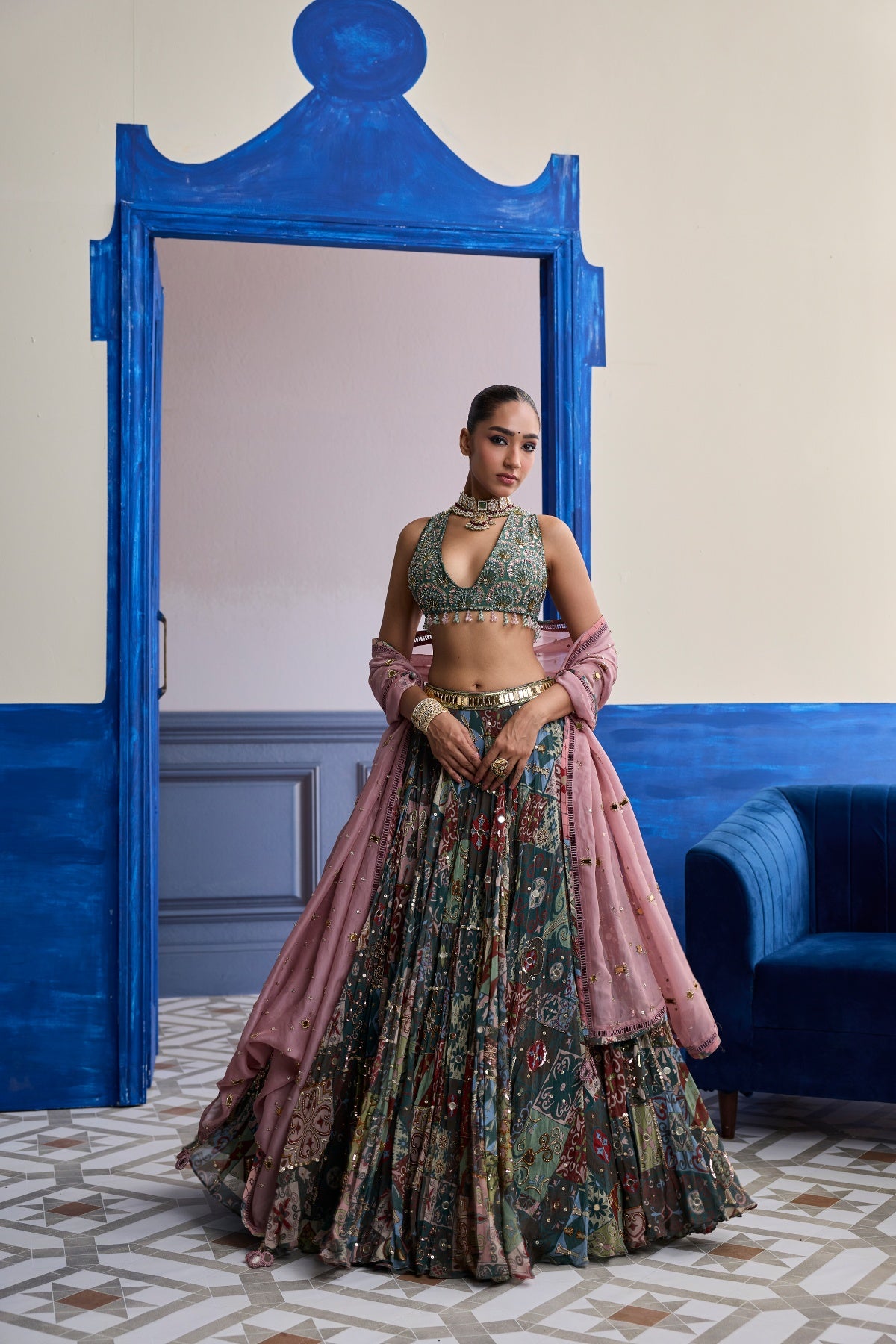 FOREST GREEN BUTTA BLOUSE WITH HIGHLIGHTED LEHENGA & EMBROIDERED DUPATTA SET