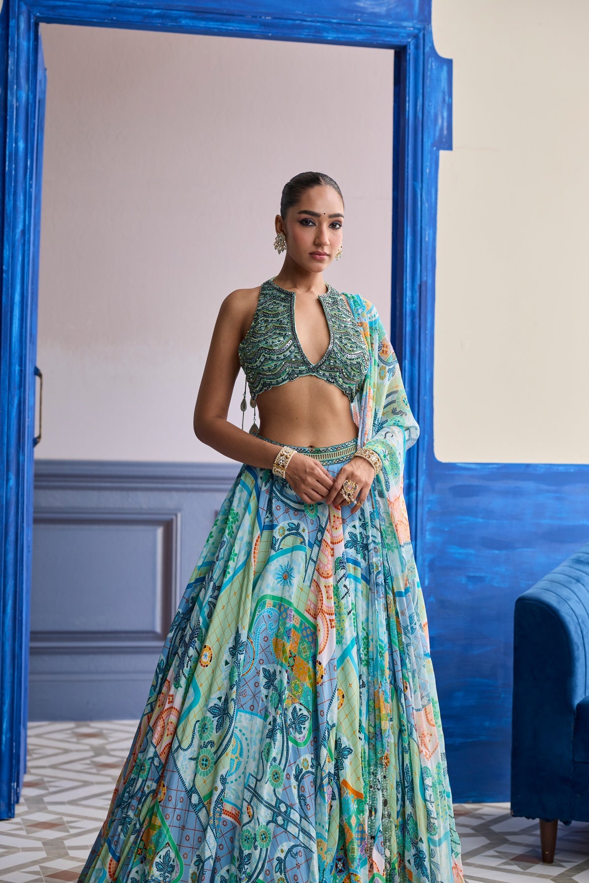 AQUA BLUE EMBROIDERED BLOUSE WITH PRINTED LEHENGA & TASSEL DUPATTA SET