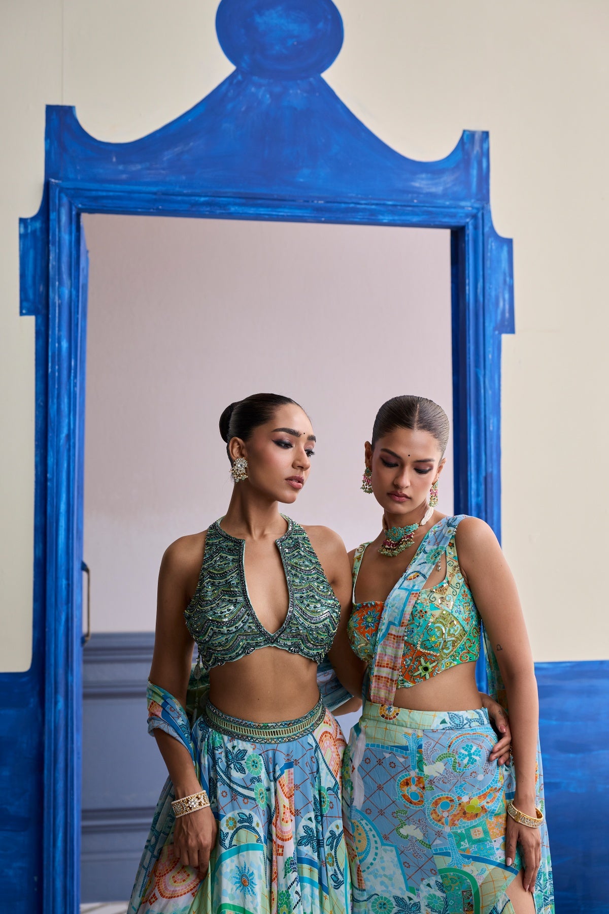 AQUA BLUE EMBROIDERED BLOUSE WITH PRINTED LEHENGA & TASSEL DUPATTA SET