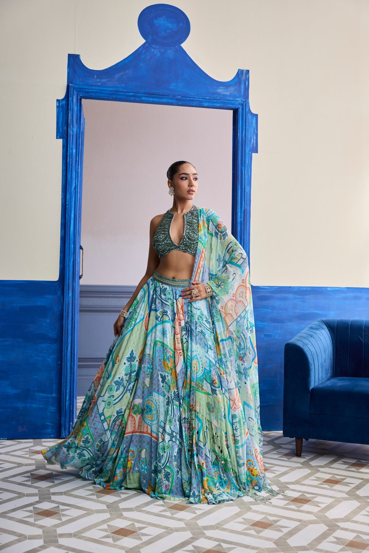 AQUA BLUE EMBROIDERED BLOUSE WITH PRINTED LEHENGA & TASSEL DUPATTA SET