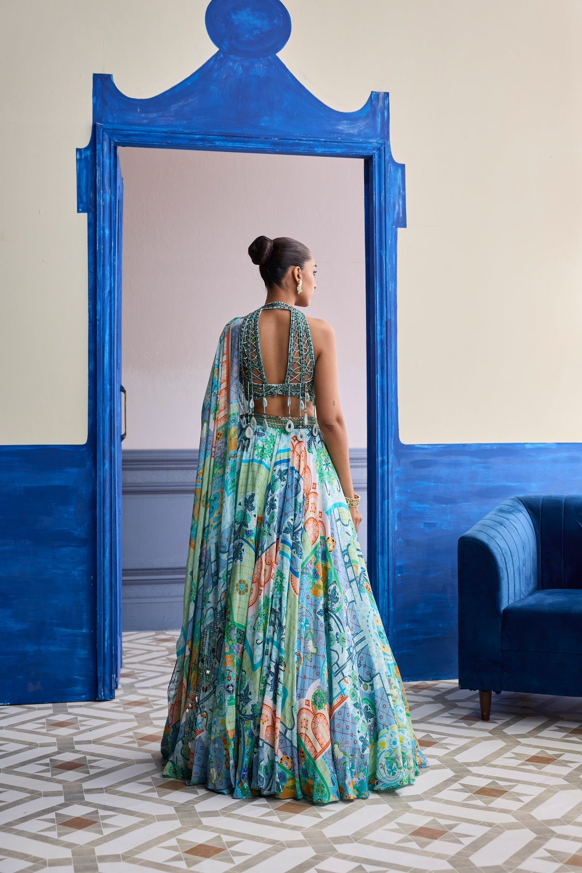 AQUA BLUE EMBROIDERED BLOUSE WITH PRINTED LEHENGA & TASSEL DUPATTA SET