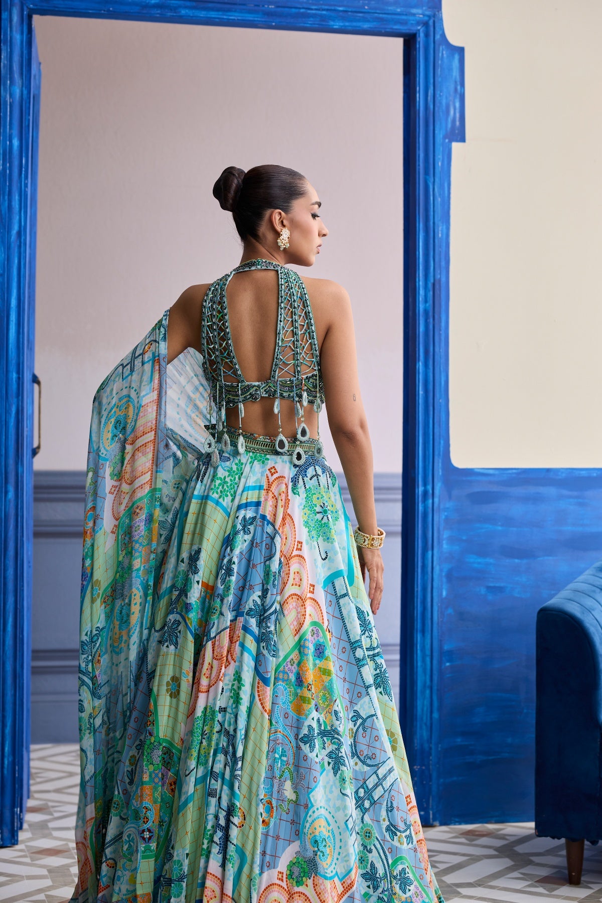 AQUA BLUE EMBROIDERED BLOUSE WITH PRINTED LEHENGA & TASSEL DUPATTA SET