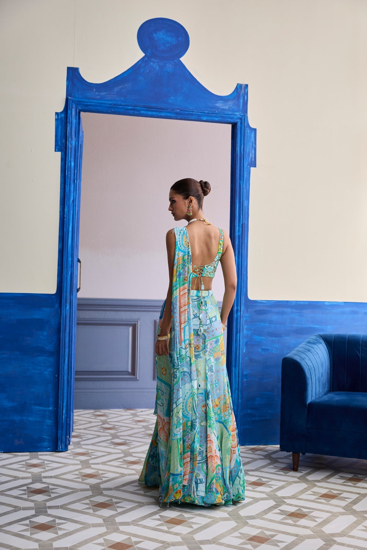 AQUA BLUE MOSAIC BLOUSE WITH RUFFLE SLIT SKIRT SAREE SET