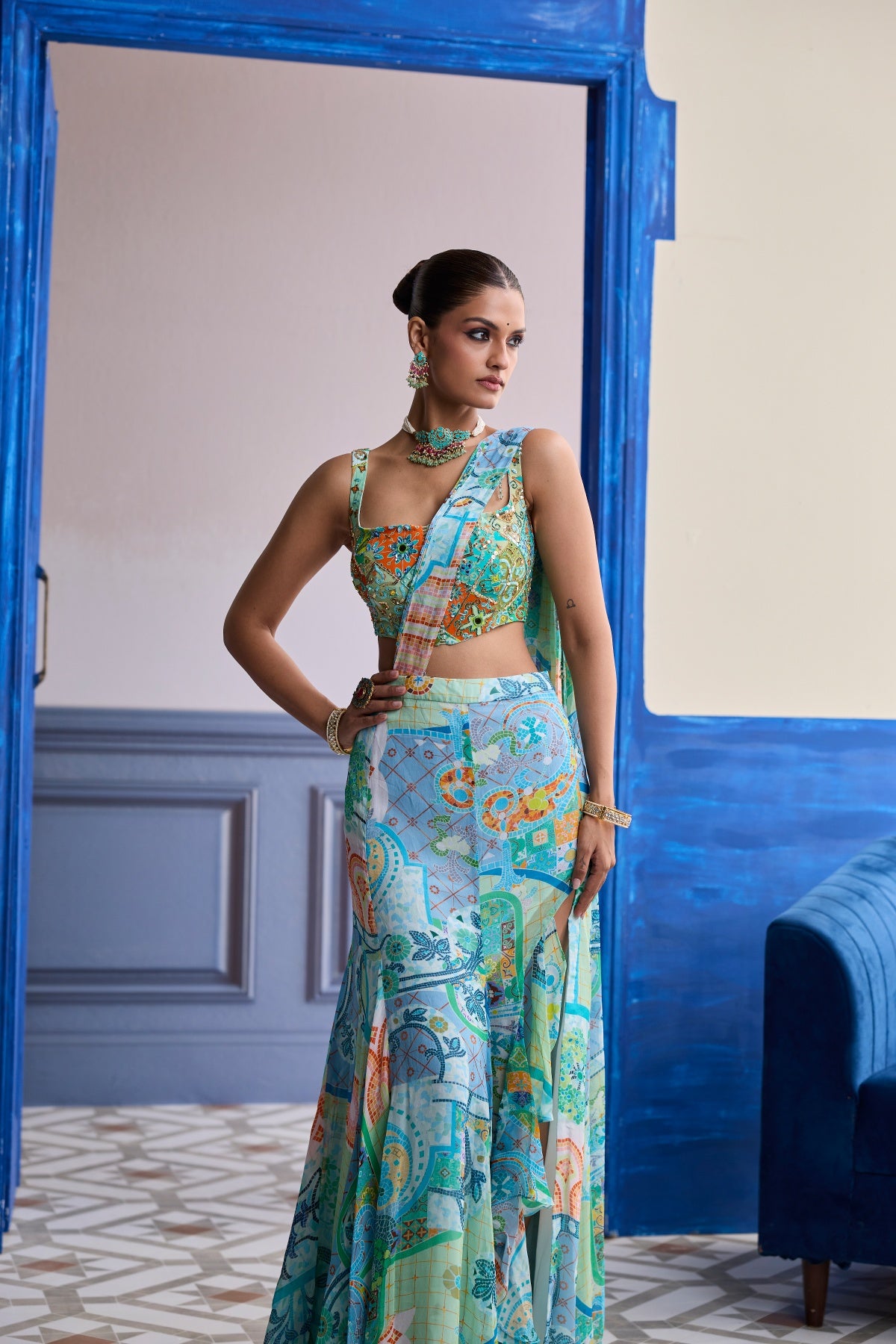 AQUA BLUE MOSAIC BLOUSE WITH RUFFLE SLIT SKIRT SAREE SET