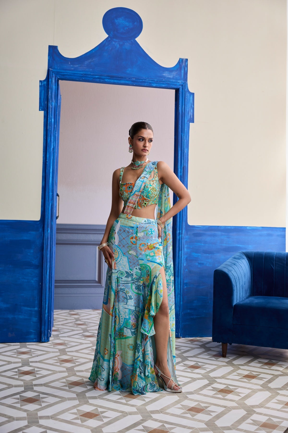 AQUA BLUE MOSAIC BLOUSE WITH RUFFLE SLIT SKIRT SAREE SET