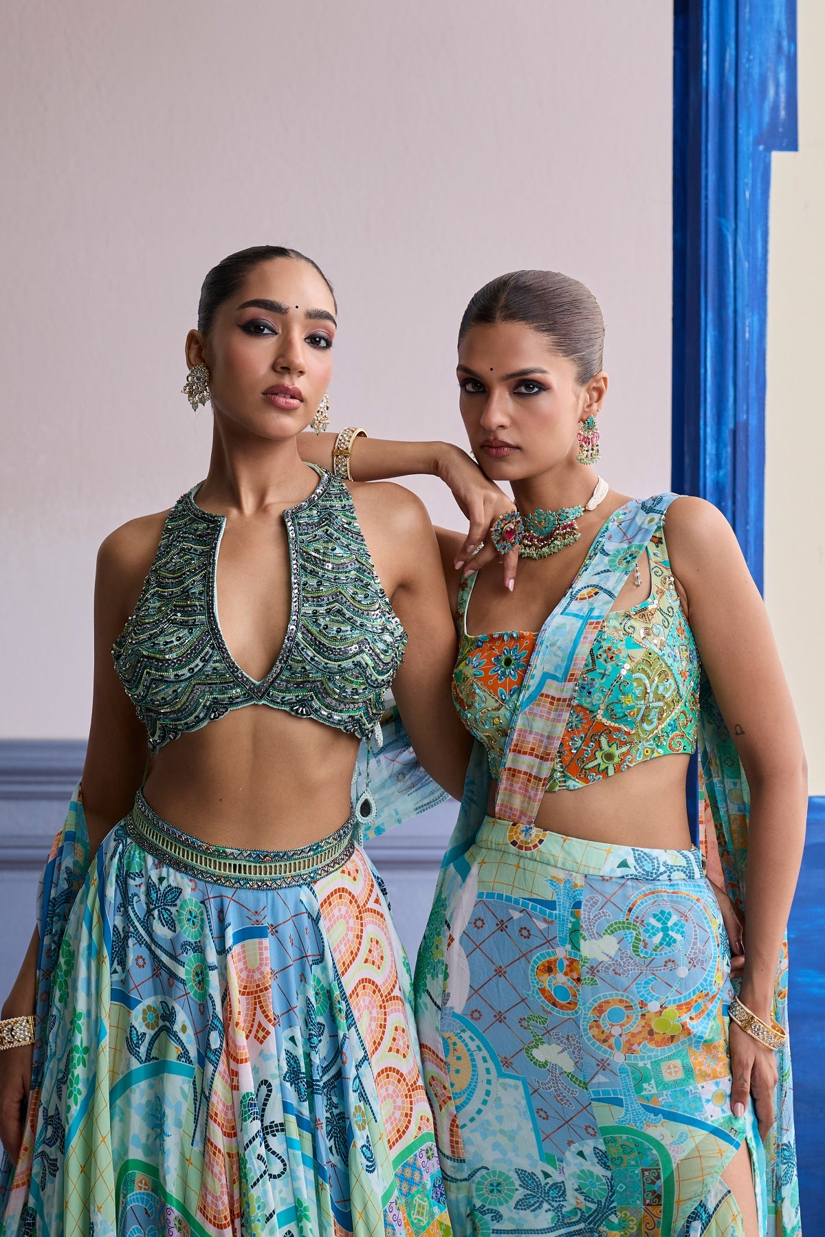 AQUA BLUE MOSAIC BLOUSE WITH RUFFLE SLIT SKIRT SAREE SET