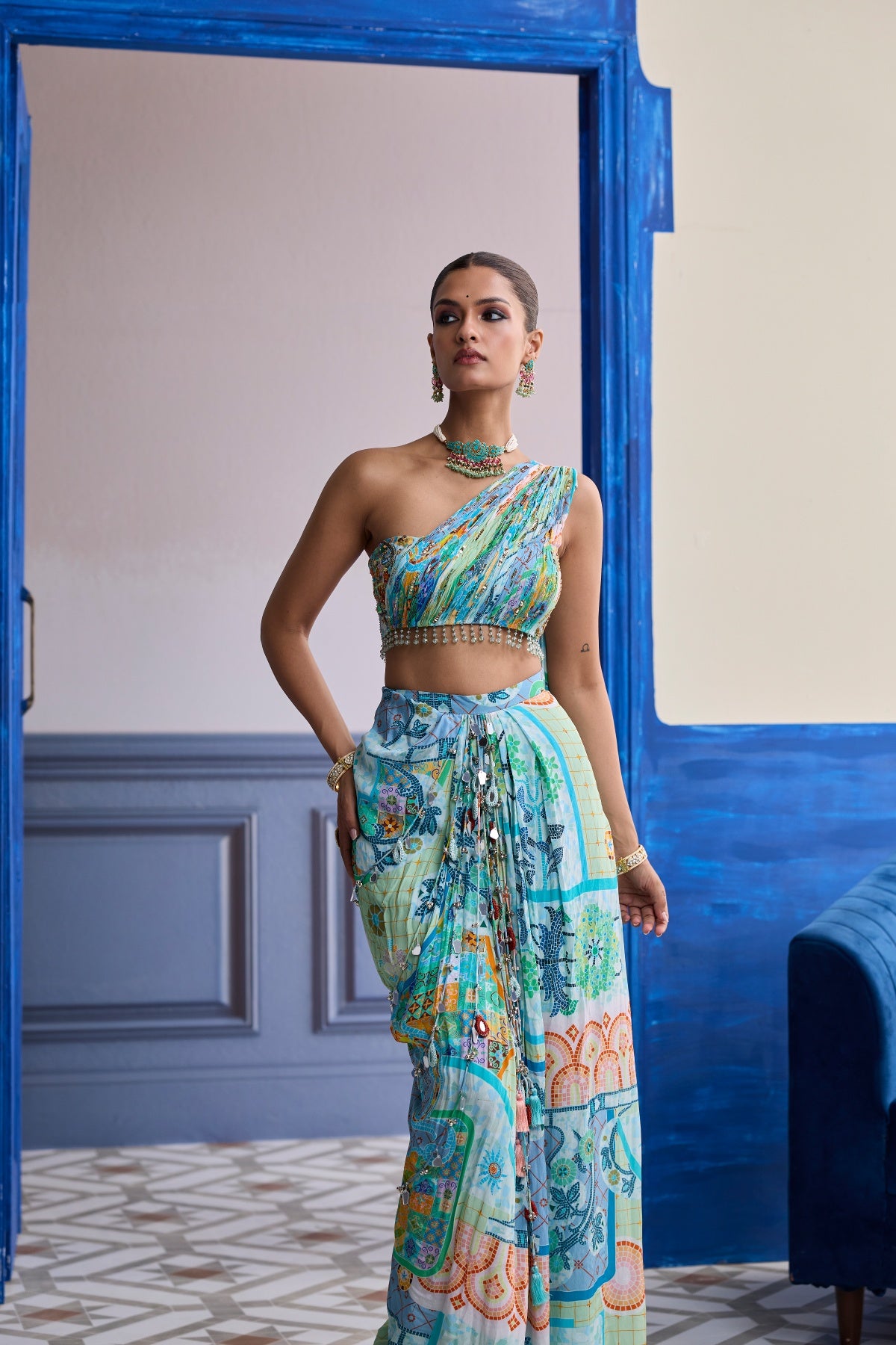 AQUA BLUE MOSAIC ONE-SHOULDER BLOUSE WITH COWL DHOTI SKIRT SET
