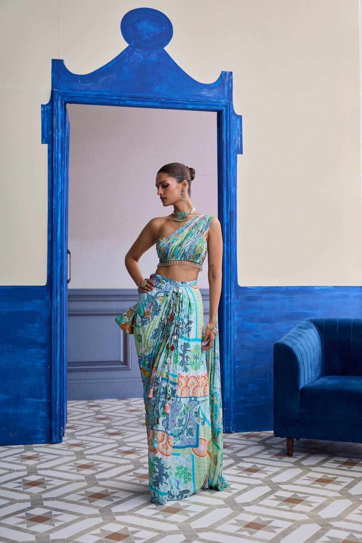 AQUA BLUE MOSAIC ONE-SHOULDER BLOUSE WITH COWL DHOTI SKIRT SET