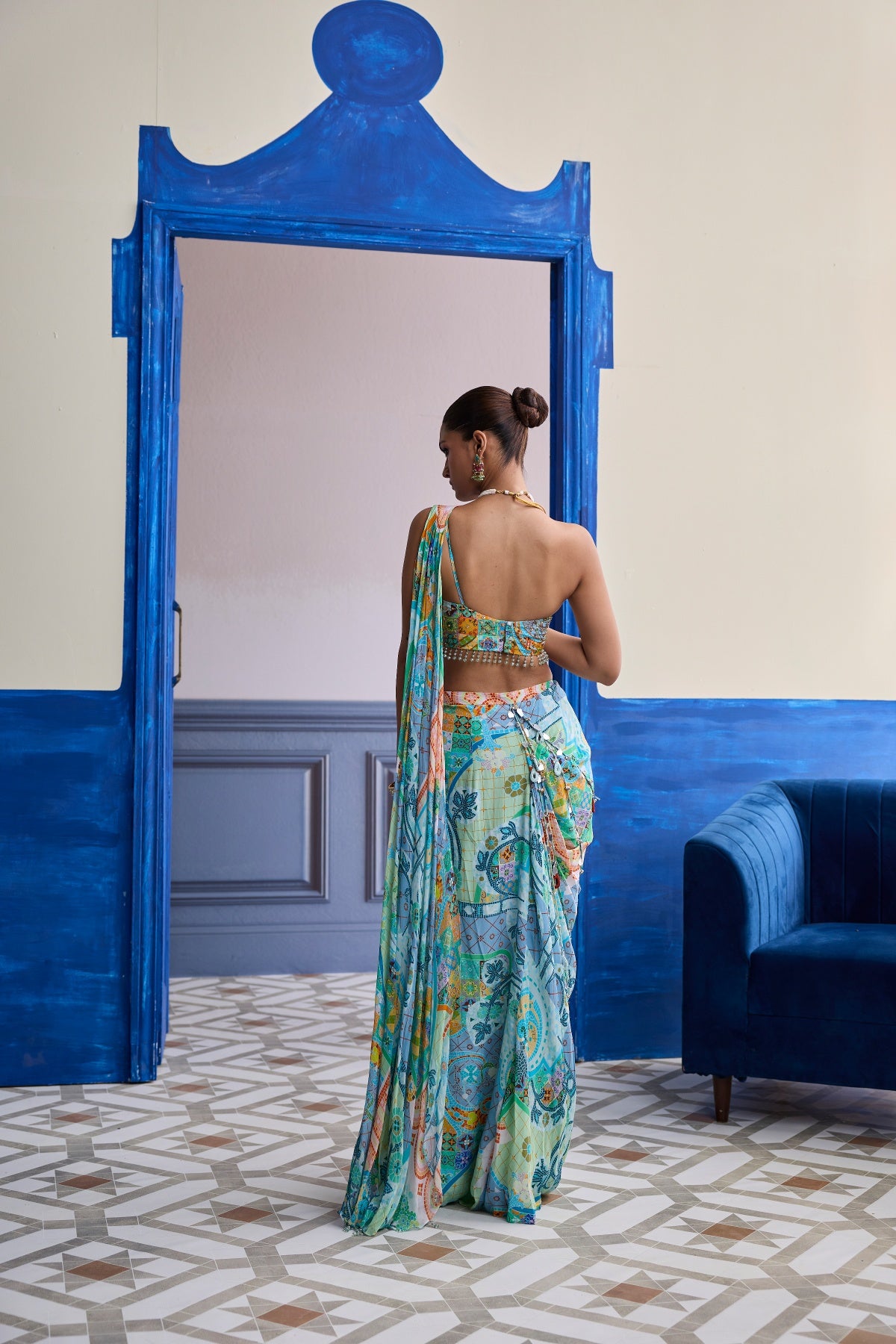 AQUA BLUE MOSAIC ONE-SHOULDER BLOUSE WITH COWL DHOTI SKIRT SET