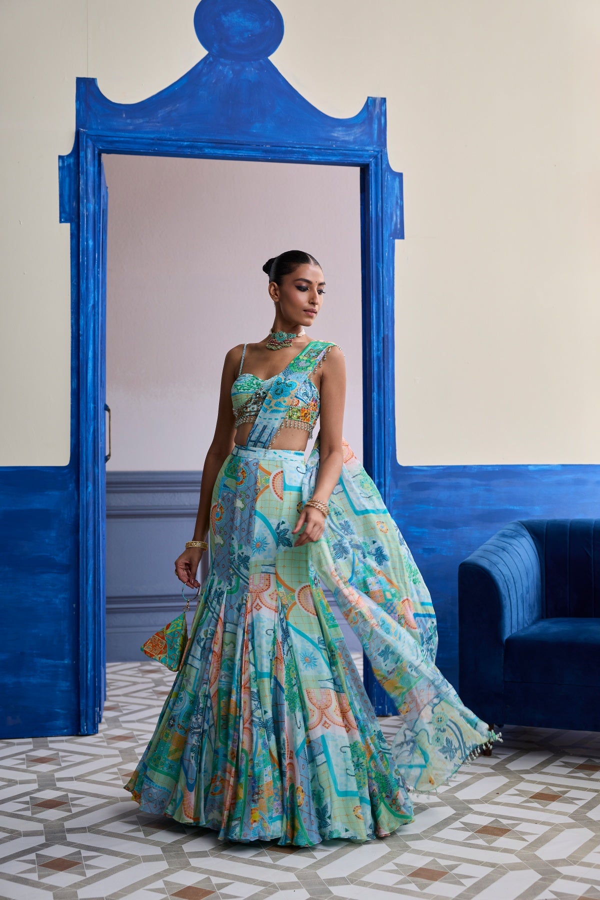 AQUA BLUE MOSAIC RUCHED BLOUSE WITH DRAPED MERMAID SAREE SET