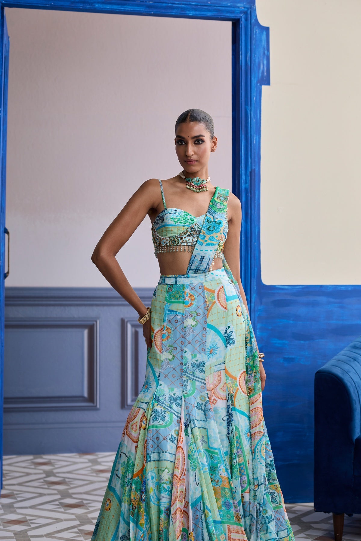AQUA BLUE MOSAIC RUCHED BLOUSE WITH DRAPED MERMAID SAREE SET